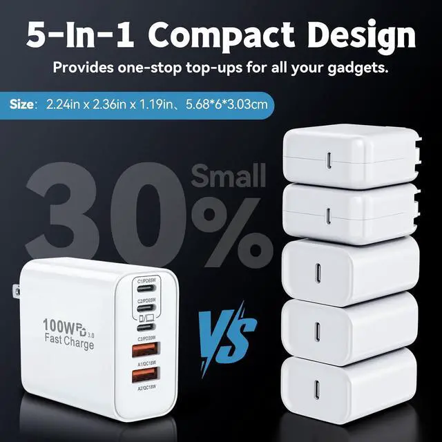 Alt view image 4 of 7 - 100W GaN USB C Charger Block 5-Port Type C Wall Charger Fast Charging PD Power Adapter+QC Plug Multiport Type C Box Brick Cube Compatible with iPhone 17 Air 16 15 14 13 12 Pro Max MacBook iPad