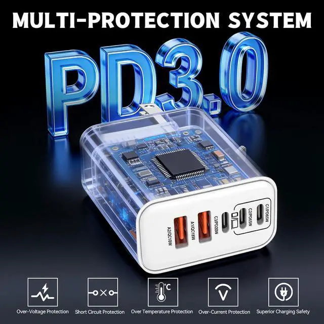 Alt view image 6 of 7 - 100W GaN USB C Charger Block 5-Port Type C Wall Charger Fast Charging PD Power Adapter+QC Plug Multiport Type C Box Brick Cube Compatible with iPhone 17 Air 16 15 14 13 12 Pro Max MacBook iPad