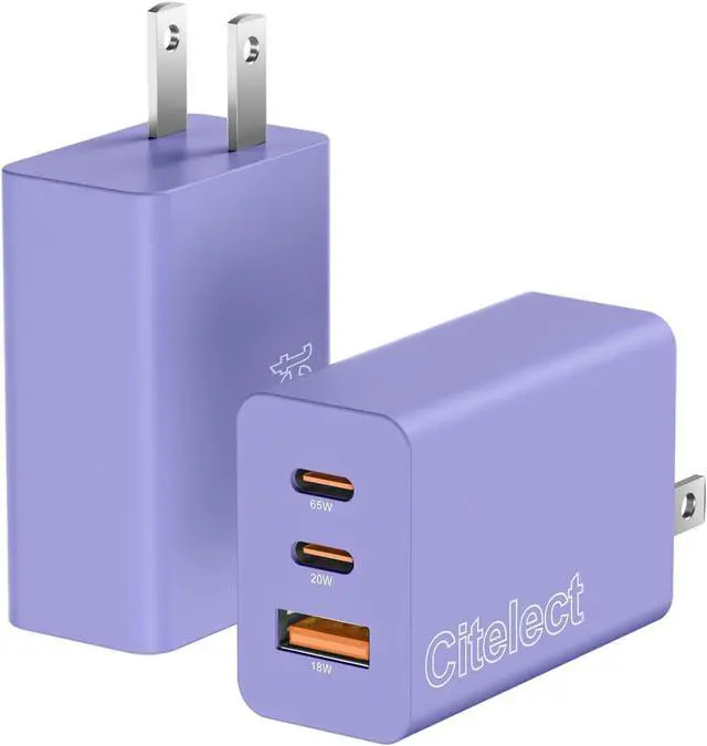 Main image of 2Pack 65W USB C Charger Block 3Port Fast Charging Adapter Type C Fast Charging Blocks Cube PD USBC Wall Plug+QC3.0 USB A Charger Brick for MacBook Pro/Air iPad iPhone17/16 S26/S25&More-Purple