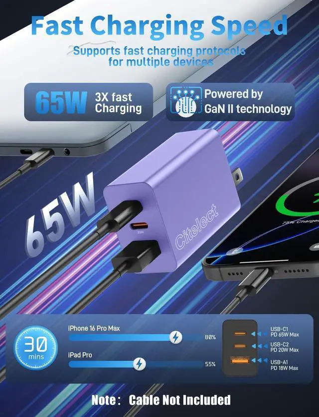 Alt view image 3 of 7 - 2Pack 65W USB C Charger Block 3Port Fast Charging Adapter Type C Fast Charging Blocks Cube PD USBC Wall Plug+QC3.0 USB A Charger Brick for MacBook Pro/Air iPad iPhone17/16 S26/S25&More-Purple