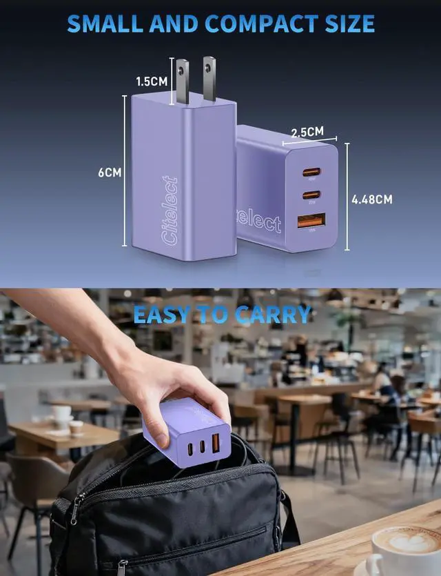 Alt view image 6 of 7 - 2Pack 65W USB C Charger Block 3Port Fast Charging Adapter Type C Fast Charging Blocks Cube PD USBC Wall Plug+QC3.0 USB A Charger Brick for MacBook Pro/Air iPad iPhone17/16 S26/S25&More-Purple