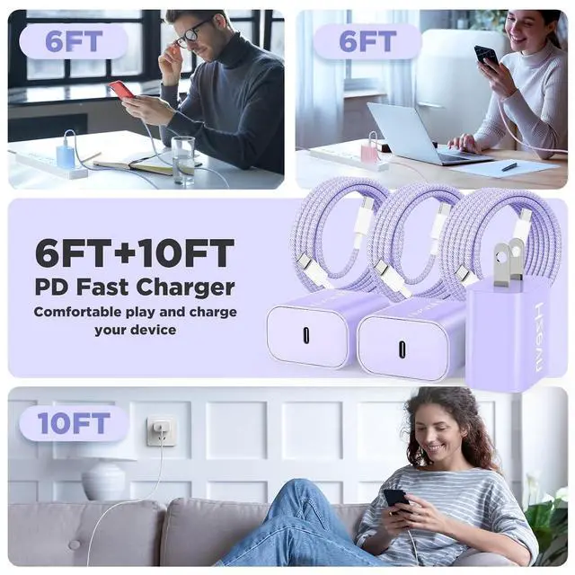 Alt view image 6 of 7 - 20W USB C Fast Charging for iPhone 17 Air/16/15 Pro Max 3Pack Colorful Mixed Charger Block with Braided Long USB C to C Cables (6/6/10ft) Compatible with iPhone16/15 Pro/15 Plus/iPad Pro