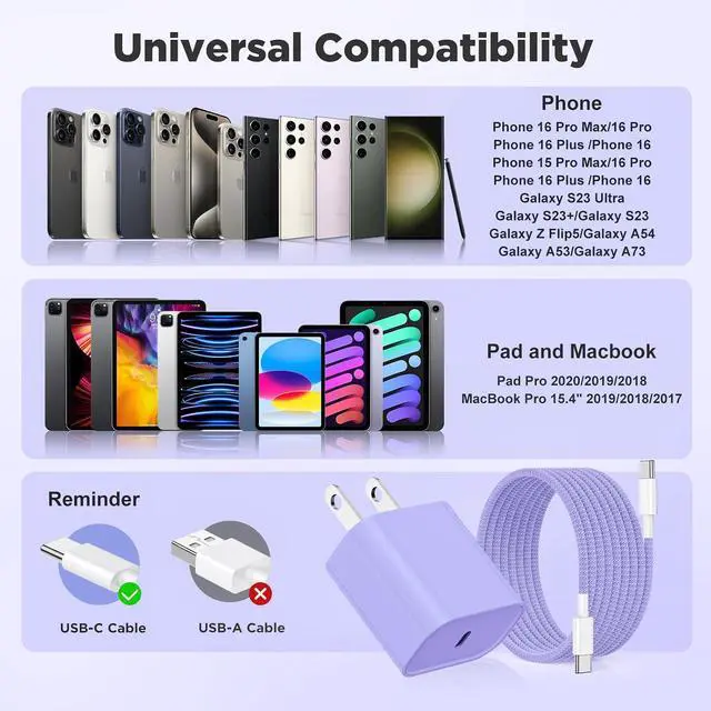 Alt view image 7 of 7 - 20W USB C Fast Charging for iPhone 17 Air/16/15 Pro Max 3Pack Colorful Mixed Charger Block with Braided Long USB C to C Cables (6/6/10ft) Compatible with iPhone16/15 Pro/15 Plus/iPad Pro