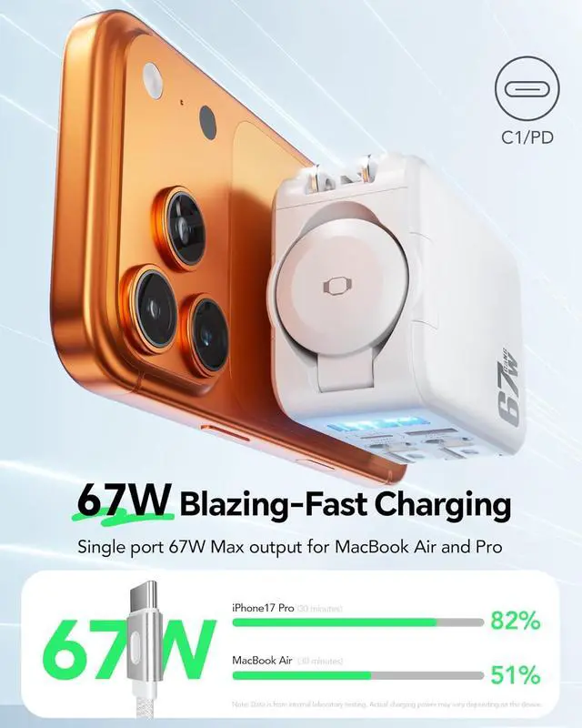 Alt view image 3 of 7 - 5-in-1 Retractable Wall Charger for Apple Watch, 67W Smart Display Fast Charging GaN with 2 USB C Cables & 2 Ports, Foldable Travel Multiport Charger for iPhone 17/16/15, MacBook, iWatch,iPad
