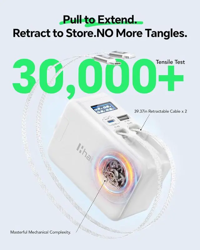 Alt view image 4 of 7 - Hatalkin 5-in-1 Retractable Wall Charger for Watch 67W USB C Smart Display Fast Charging GaN with 2 Cables & 2 Ports Foldable Travel Multiport Charger for iPhone 17/16/15 MacBook iWatch iPad