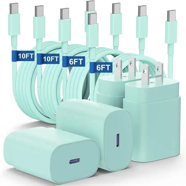 Main image of Type C Charger Fast Charging for Galaxy S25/S24/S23/S22/Note 20 4Pack 25W Super USB C Fast Charger Block with (6ft+10ft) x2 Cables for iPhone 15/16 Pro Max/Plus Android Phones - Green