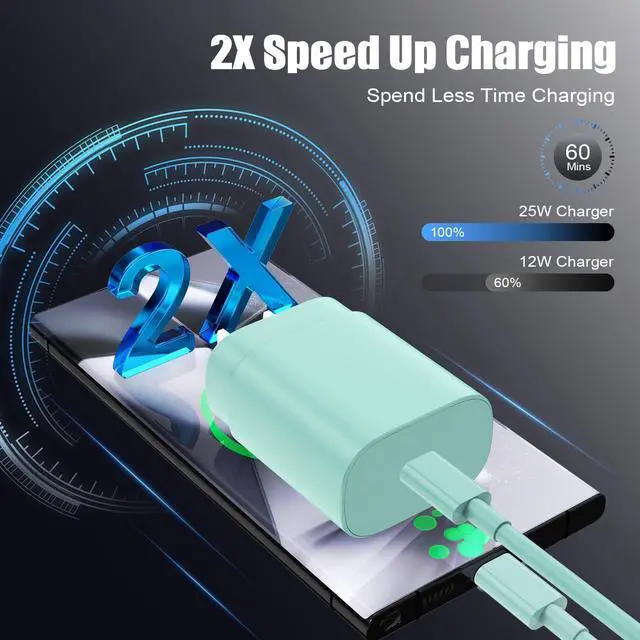 Alt view image 3 of 7 - Type C Charger Fast Charging for Galaxy S25/S24/S23/S22/Note 20 4Pack 25W Super USB C Fast Charger Block with (6ft+10ft) x2 Cables for iPhone 15/16 Pro Max/Plus Android Phones - Green