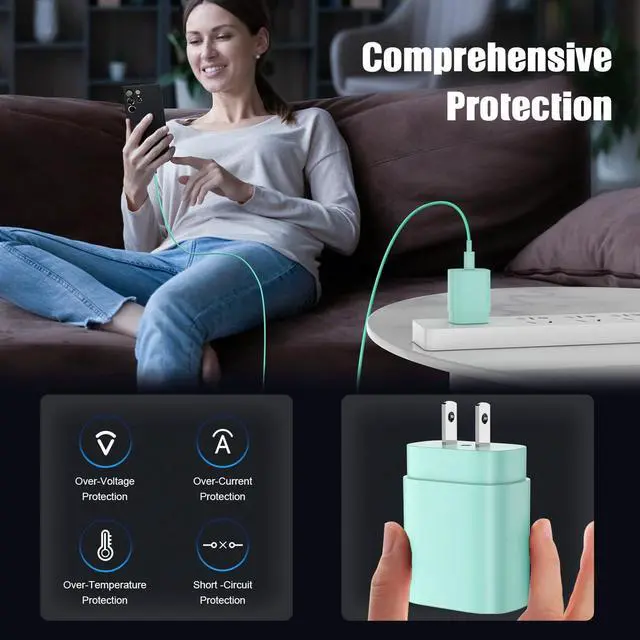 Alt view image 4 of 7 - Type C Charger Fast Charging for Galaxy S25/S24/S23/S22/Note 20 4Pack 25W Super USB C Fast Charger Block with (6ft+10ft) x2 Cables for iPhone 15/16 Pro Max/Plus Android Phones - Green