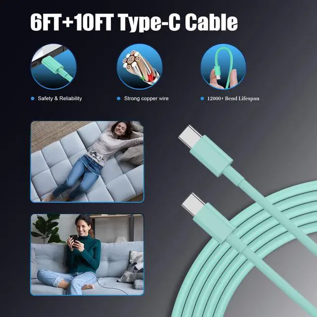 Alt view image 5 of 7 - Type C Charger Fast Charging for Galaxy S25/S24/S23/S22/Note 20 4Pack 25W Super USB C Fast Charger Block with (6ft+10ft) x2 Cables for iPhone 15/16 Pro Max/Plus Android Phones - Green