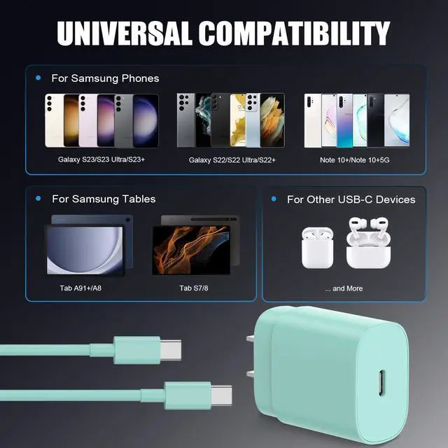 Alt view image 6 of 7 - Type C Charger Fast Charging for Galaxy S25/S24/S23/S22/Note 20 4Pack 25W Super USB C Fast Charger Block with (6ft+10ft) x2 Cables for iPhone 15/16 Pro Max/Plus Android Phones - Green