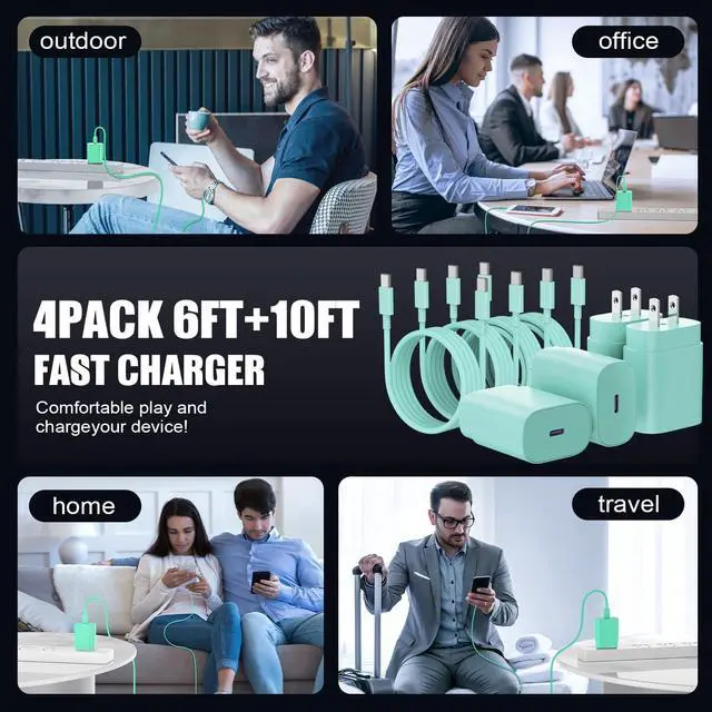 Alt view image 7 of 7 - Type C Charger Fast Charging for Galaxy S25/S24/S23/S22/Note 20 4Pack 25W Super USB C Fast Charger Block with (6ft+10ft) x2 Cables for iPhone 15/16 Pro Max/Plus Android Phones - Green