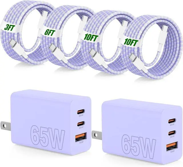 Main image of 65W Super Fast Charger Type C for 3 Port 100W Quick Charging 3.0 USB C Block & 3/6/10/10FT Braided Type C Cord for Galaxy S26 Ultra/S26/S25 Ultra/iPhone 17 Pro/MacBook Pro/Air-Purple