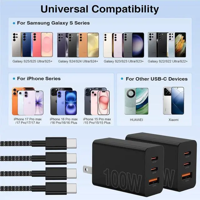 Alt view image 7 of 7 - 65W Super Fast Charger Type C for 3 Port 100W Quick Charging 3.0 USB C Block & 3/6/10/10FT Braided Type C Cord for Galaxy S26 Ultra/S26/S25 Ultra/iPhone 17 Pro/MacBook Pro/Air-Purple