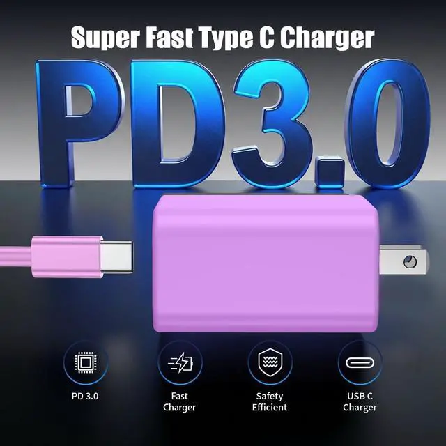Alt view image 2 of 7 - 3Pack USB C Charger for Galaxy S24 Ultra Super Quite Fast Charging Type C Block with 6FT C to C Cord for Galaxy Tab S9 S8 S23 Ultra S22 Ultra S23 S22 S21 Note 10 Plus 20 Purple