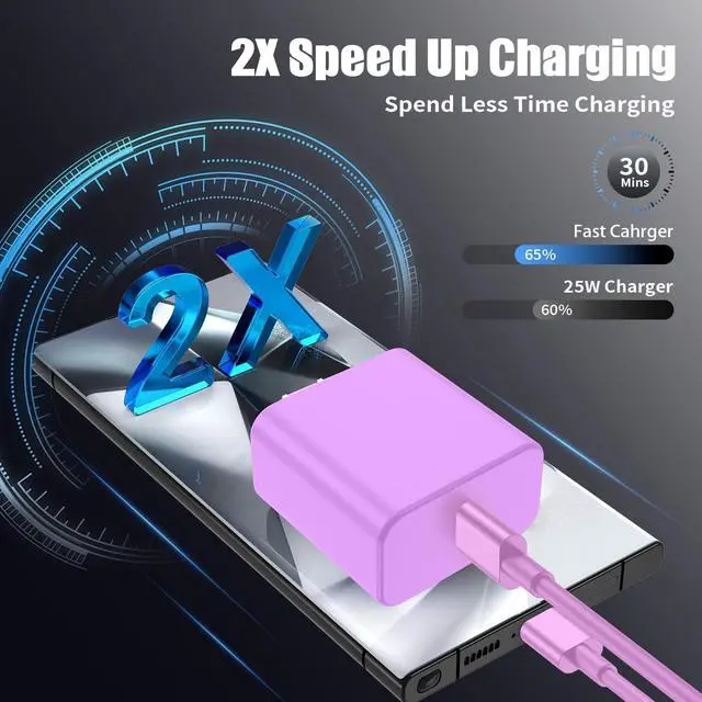 Alt view image 3 of 7 - 3Pack USB C Charger for Galaxy S24 Ultra Super Quite Fast Charging Type C Block with 6FT C to C Cord for Galaxy Tab S9 S8 S23 Ultra S22 Ultra S23 S22 S21 Note 10 Plus 20 Purple