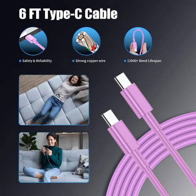 Alt view image 5 of 7 - 3Pack USB C Charger for Galaxy S24 Ultra Super Quite Fast Charging Type C Block with 6FT C to C Cord for Galaxy Tab S9 S8 S23 Ultra S22 Ultra S23 S22 S21 Note 10 Plus 20 Purple