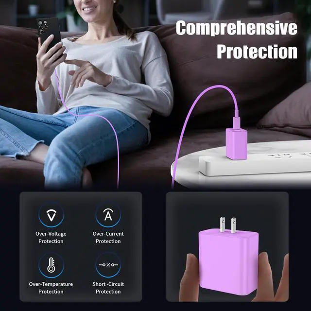 Alt view image 4 of 7 - 3Pack USB C Charger for Galaxy S24 Ultra Super Quite Fast Charging Type C Block with 6FT C to C Cord for Galaxy Tab S9 S8 S23 Ultra S22 Ultra S23 S22 S21 Note 10 Plus 20 Purple