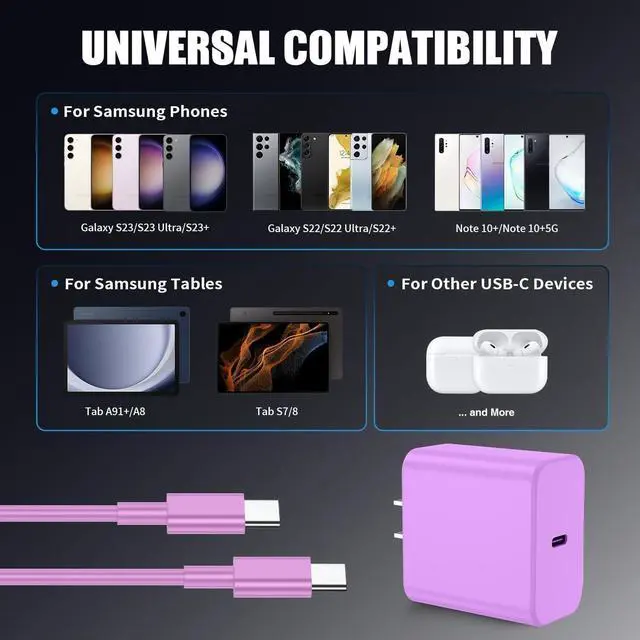 Alt view image 6 of 7 - 3Pack USB C Charger for Galaxy S24 Ultra Super Quite Fast Charging Type C Block with 6FT C to C Cord for Galaxy Tab S9 S8 S23 Ultra S22 Ultra S23 S22 S21 Note 10 Plus 20 Purple