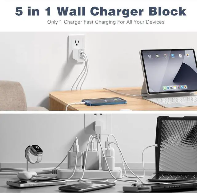 Alt view image 6 of 7 - Super Fast USB C Charger Block 100W 5-Port USB C Phone Charger Power Adapter Plug 2Pack Multiport Type C Wall Charger Cubes for iPhone 17 Pro Max/17 Pro/17 Air 16 Pro/16e/15 Plus MacBook Android Phone