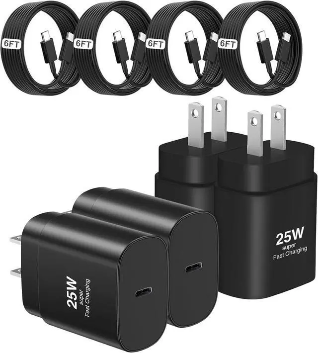 Main image of 25W Type C Charger 4-Pack Type C Fast Charging Block with 6ft Cable Compatible Galaxy S25 S24 S23 S22 S21 S20 S10 S9/i Phone 17/16/15