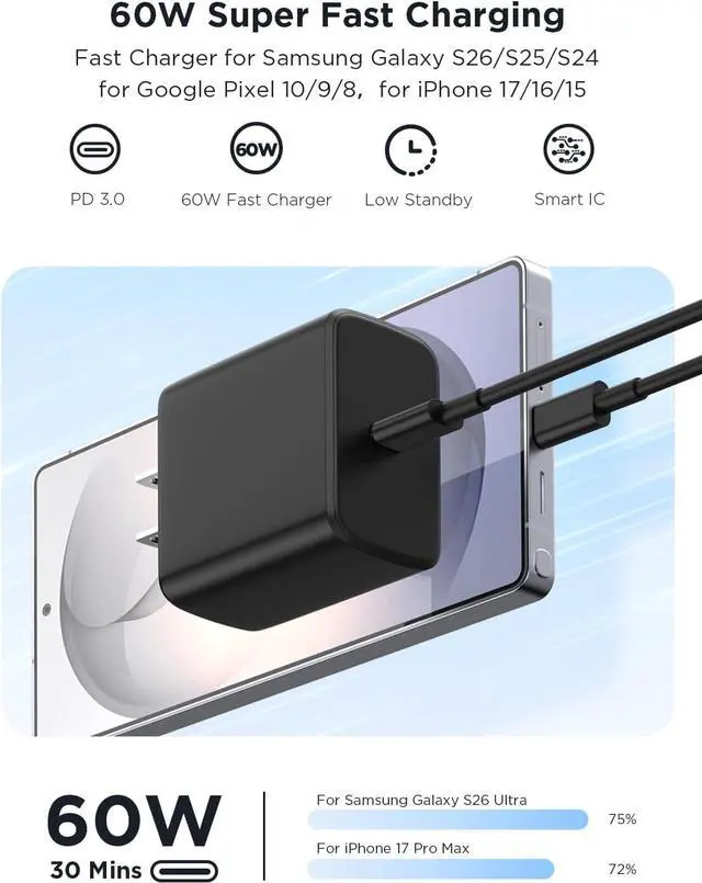 Alt view image 2 of 7 - 3Pack 60W Super Fast Charger for Galaxy S26 Ultra Type C Charger Fast Charging with 6/6 /10FT Long USB C Cord for Galaxy S26/S26+/S25/S25 Ultra/S25+/S24 Ultra/S23 Ultra/S22