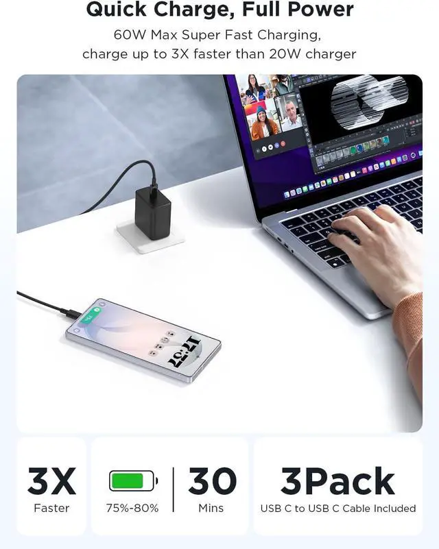Alt view image 3 of 7 - 3Pack 60W Super Fast Charger for Galaxy S26 Ultra Type C Charger Fast Charging with 6/6 /10FT Long USB C Cord for Galaxy S26/S26+/S25/S25 Ultra/S25+/S24 Ultra/S23 Ultra/S22
