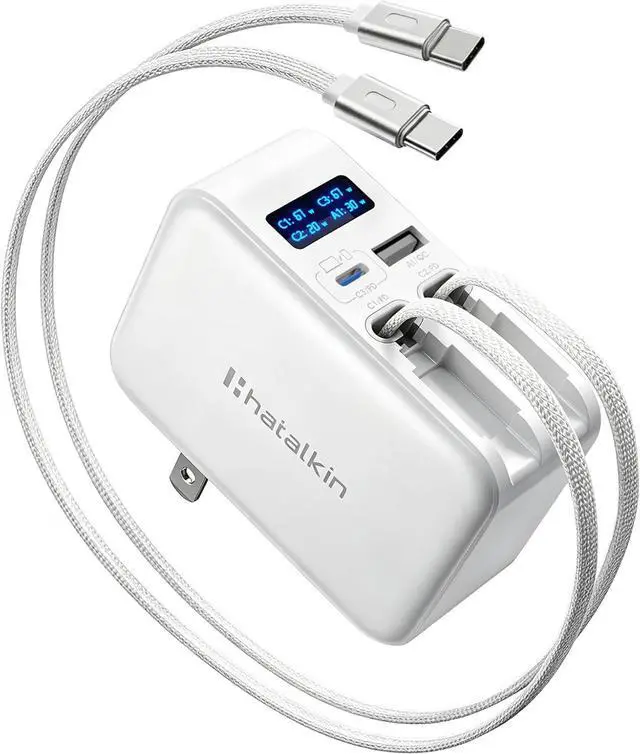Main image of 67W Retractable USB-C Wall Charger 4-in-1 with Dual USB-C Cables | Smart Display Fast Charging Foldable Retractable Charger Extra USB-C & A for MacBook/iPhone/ Overheat Protection