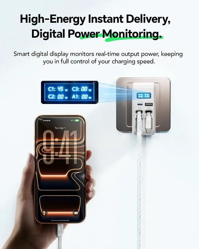 Alt view image 2 of 7 - 67W Retractable USB-C Wall Charger 4-in-1 with Dual USB-C Cables | Smart Display Fast Charging Foldable Retractable Charger Extra USB-C & A for MacBook/iPhone/ Overheat Protection