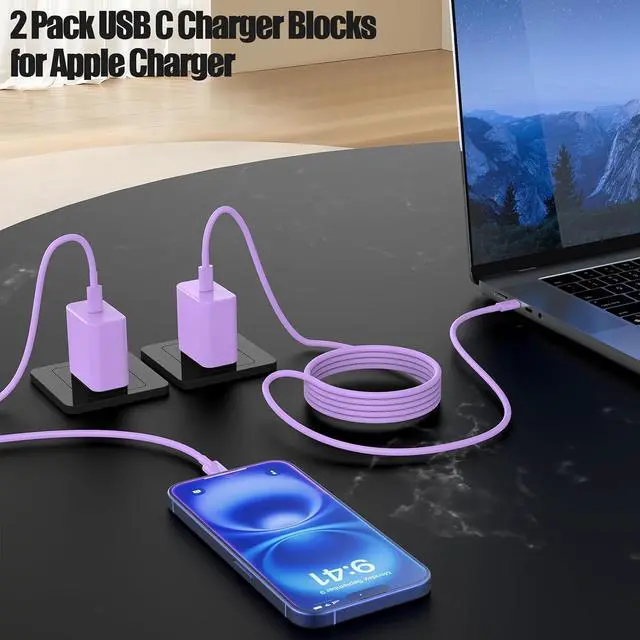 Alt view image 4 of 7 - USB C Fast Charger for iPhone 17/ Air/16/15 Pro Max 2Pack 10FT Type C Charger Block & Cable PD 3.0 Super Fast Charging for iPad Pro MacBook Air/Pro M1/M2 AirPods-Purple