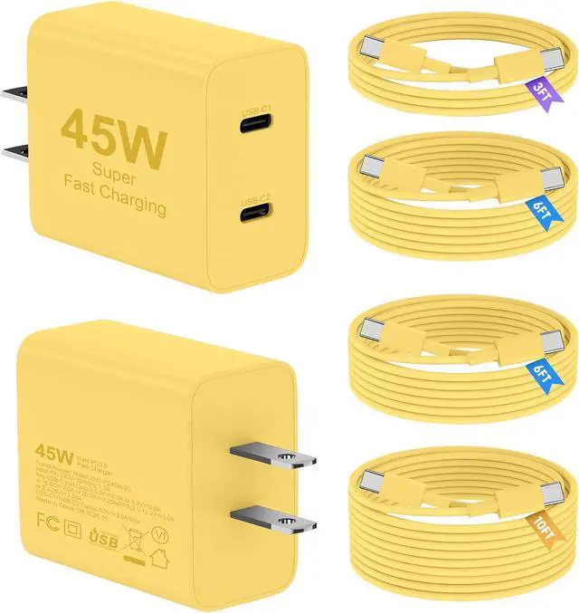 Main image of 45W iPhone 17 16 15 Charger Fast Charging 2Pack Dual Port USB C Charger Block with Long 60W 3/6/6/10FT USB C to C Cable PD 3.0 Wall Charger Plug for iPhone 17/16/15 Pro Max/iPad Pro Yellow