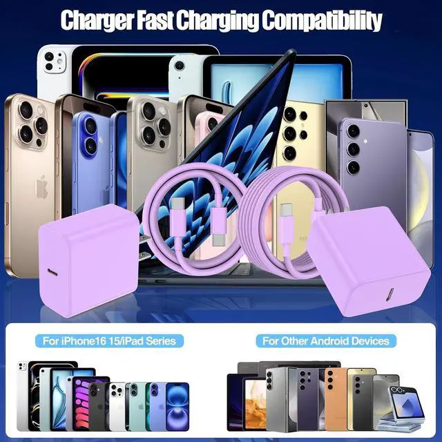 Alt view image 7 of 7 - USB C Fast Charger for iPhone 17/ Air/16/15 Pro Max 2Pack 10FT Type C Charger Block & Cable PD 3.0 Super Fast Charging for iPad Pro MacBook Air/Pro M1/M2 AirPods-Purple