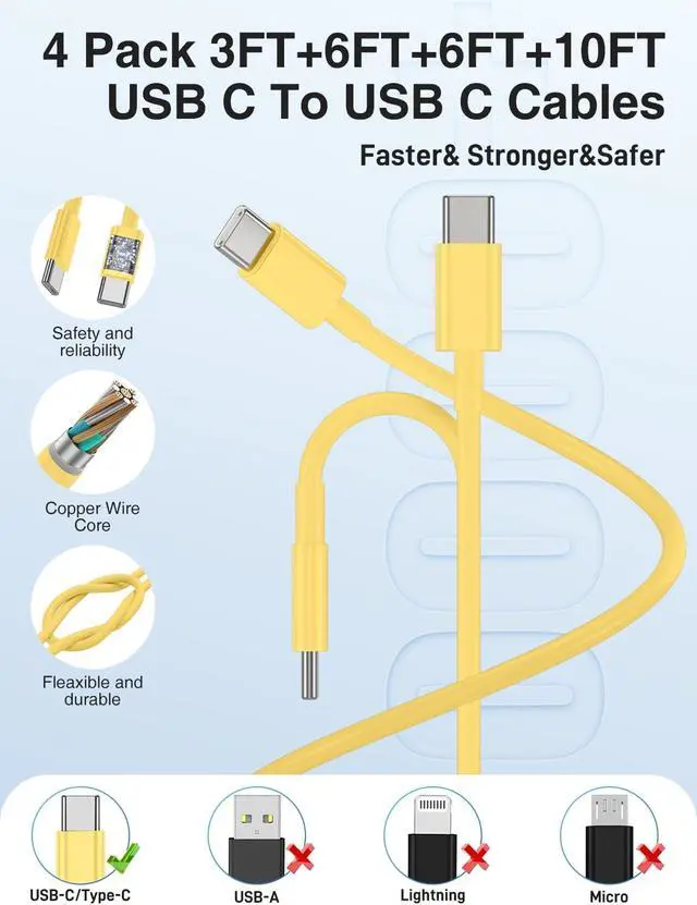 Alt view image 6 of 7 - 45W iPhone 17 16 15 Charger Fast Charging 2Pack Dual Port USB C Charger Block with Long 60W 3/6/6/10FT USB C to C Cable PD 3.0 Wall Charger Plug for iPhone 17/16/15 Pro Max/iPad Pro Yellow
