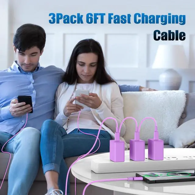 Alt view image 7 of 7 - 3Pack USB C Charger for Galaxy S24 Ultra Super Quite Fast Charging Type C Block with 6FT C to C Cord for Galaxy Tab S9 S8 S23 Ultra S22 Ultra S23 S22 S21 Note 10 Plus 20 Purple