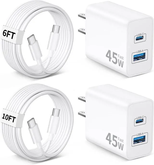Main image of 45W Super Fast Type C Charger USB C for Google Pixel 10/10 Pro/10 Pro XL Fold/9/9 Pro XL/8/8 Pro/7/6/5/4XL Android 2 Pack 45W Dual Port USB C Charger Fast Charging Block + 6FT/10FT Long Type C Cable
