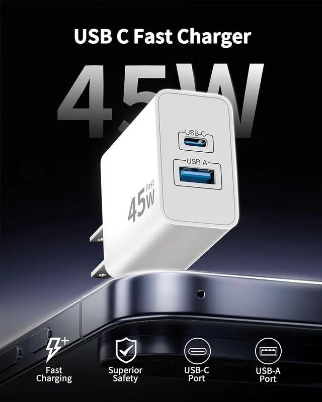 Alt view image 2 of 7 - 45W Super Fast Type C Charger USB C for Google Pixel 10/10 Pro/10 Pro XL Fold/9/9 Pro XL/8/8 Pro/7/6/5/4XL Android 2 Pack 45W Dual Port USB C Charger Fast Charging Block + 6FT/10FT Long Type C Cable