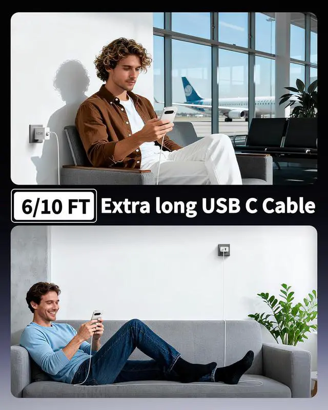 Alt view image 7 of 7 - 45W Super Fast Type C Charger USB C for Google Pixel 10/10 Pro/10 Pro XL Fold/9/9 Pro XL/8/8 Pro/7/6/5/4XL Android 2 Pack 45W Dual Port USB C Charger Fast Charging Block + 6FT/10FT Long Type C Cable