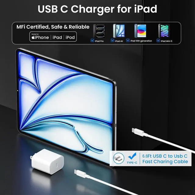 Alt view image 2 of 7 - 20W USB C Fast Charger for iPad Pro 13/12.9/11 inch iPad A16/10th Generation iPad Air 11/13 inch/5th/4th iPad mini 6/7th iPad Charger Fast Charging Block with 6.6ft USB C to C Charger Cable