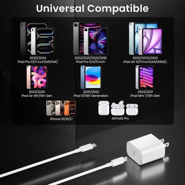 Alt view image 6 of 7 - 20W USB C Fast Charger for iPad Pro 13/12.9/11 inch iPad A16/10th Generation iPad Air 11/13 inch/5th/4th iPad mini 6/7th iPad Charger Fast Charging Block with 6.6ft USB C to C Charger Cable