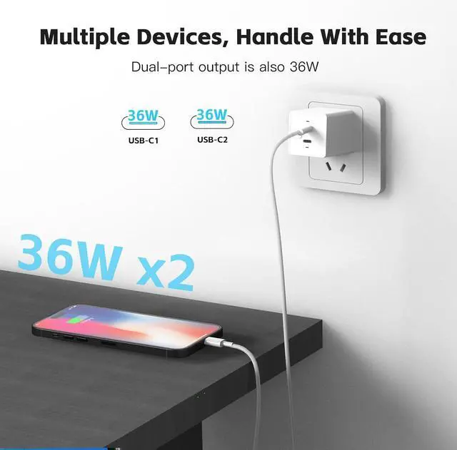 Alt view image 7 of 7 - USB-C Charger Block 72W Dual Port PD 3.0/QC 4.0 GaN C Chargers Fast Charging USB Wall Charger Power Adapter for iPhone 17 16 15 Google Pixel and More