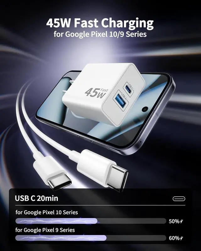 Alt view image 3 of 7 - 45W Super Fast Type C Charger USB C for Google Pixel 10/10 Pro/10 Pro XL Fold/9/9 Pro XL/8/8 Pro/7/6/5/4XL Android 2 Pack 45W Dual Port USB C Charger Fast Charging Block + 6FT/10FT Long Type C Cable