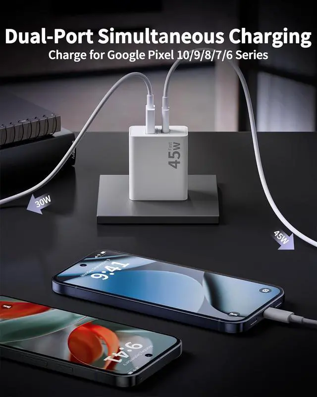Alt view image 4 of 7 - 45W Super Fast Type C Charger USB C for Google Pixel 10/10 Pro/10 Pro XL Fold/9/9 Pro XL/8/8 Pro/7/6/5/4XL Android 2 Pack 45W Dual Port USB C Charger Fast Charging Block + 6FT/10FT Long Type C Cable