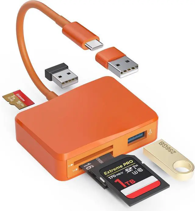 Main image of SD Card Reader 5 in 1 USB-C & USB Card Adapter with SD/MicroSD/MS and Dual USB-A Ports Memory Card Reader for iPhone 17/16/15 Pro Max iPad MacBook Pro/Air M4/M3 Android Phone/Tablet PC (Orange)