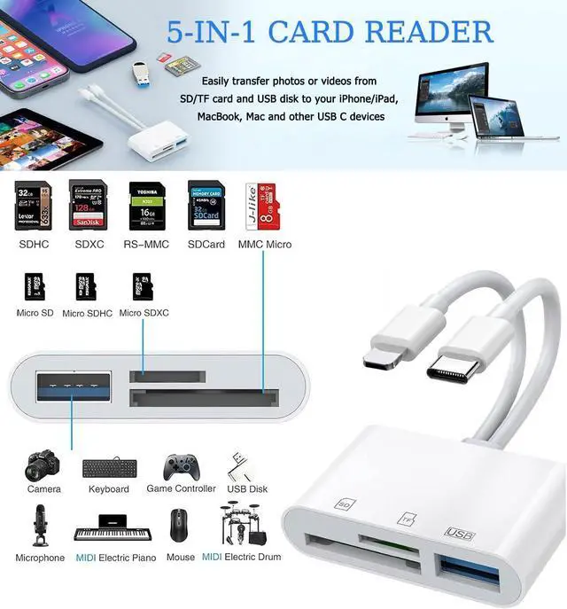 Alt view image 2 of 6 - USB C SD Card Reader for iPhone iPad Lightning Dual Port SD Card Adapter Memory Card Readers for Digital Camera Adapters Support SD Micro SD USB3.0 Plug and Play