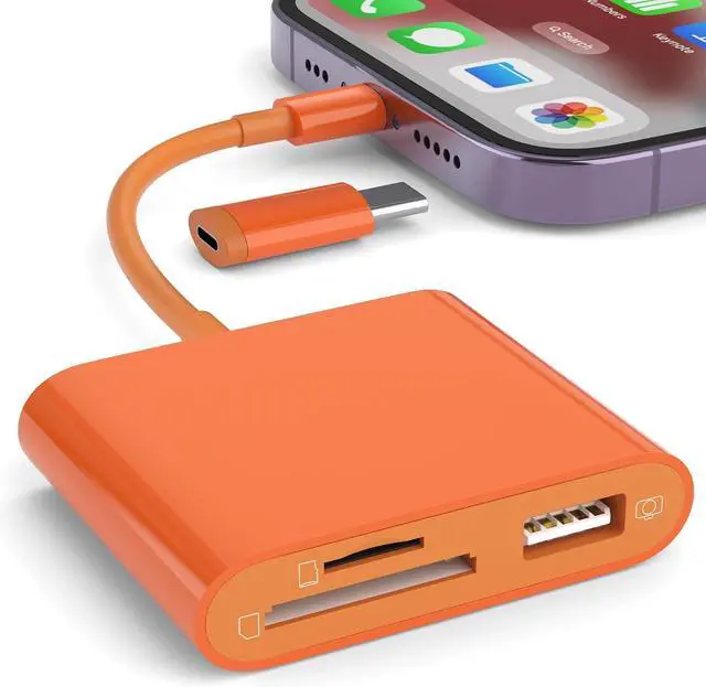 Main image of SD Card Reader for iPhone Memory Card Reader with USB-C to Light-ning Adapter Plug and Play Trail Game Camera Micro SD Card Viewer Support SD/TF Card and USB for iPad No App Required (Orange)