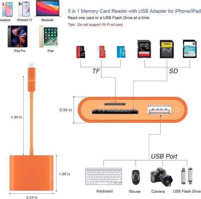 Alt view image 2 of 7 - SD Card Reader for iPhone Memory Card Reader with USB-C to Light-ning Adapter Plug and Play Trail Game Camera Micro SD Card Viewer Support SD/TF Card and USB for iPad No App Required (Orange)
