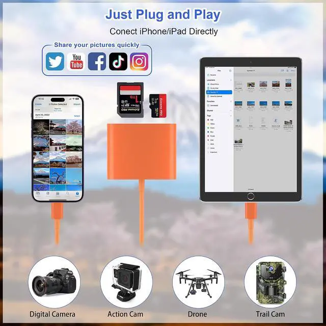 Alt view image 3 of 7 - SD Card Reader for iPhone Memory Card Reader with USB-C to Light-ning Adapter Plug and Play Trail Game Camera Micro SD Card Viewer Support SD/TF Card and USB for iPad No App Required (Orange)