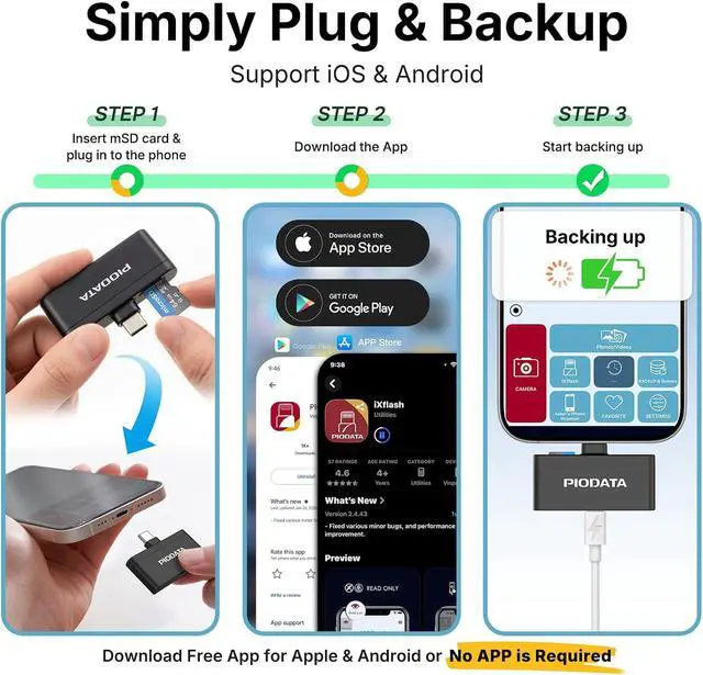 Alt view image 4 of 7 - Micro SD Card Reader for iPhone 17/16/15 iPad Android Mac PC Laptop USB C Memory Card Reader Adapter Auto Photo Backup While Charging MFi Photo Stick iXflash Q w/Free App Black