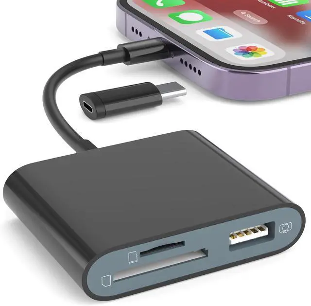 Main image of SD Card Reader for iPhone Memory Card Reader with USB-C to Light-ning Adapter Plug and Play Trail Game Camera Micro SD Card Viewer Support SD/TF Card and USB for iPad No App Required (Black)