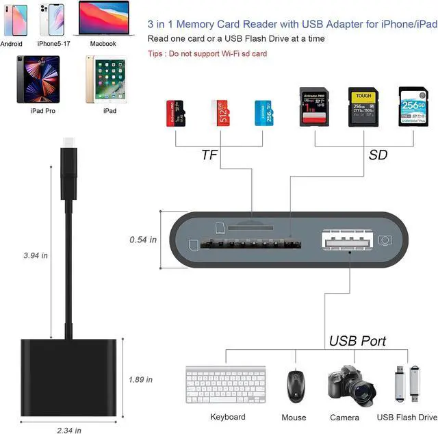 Alt view image 2 of 7 - SD Card Reader for iPhone Memory Card Reader with USB-C to Light-ning Adapter Plug and Play Trail Game Camera Micro SD Card Viewer Support SD/TF Card and USB for iPad No App Required (Black)