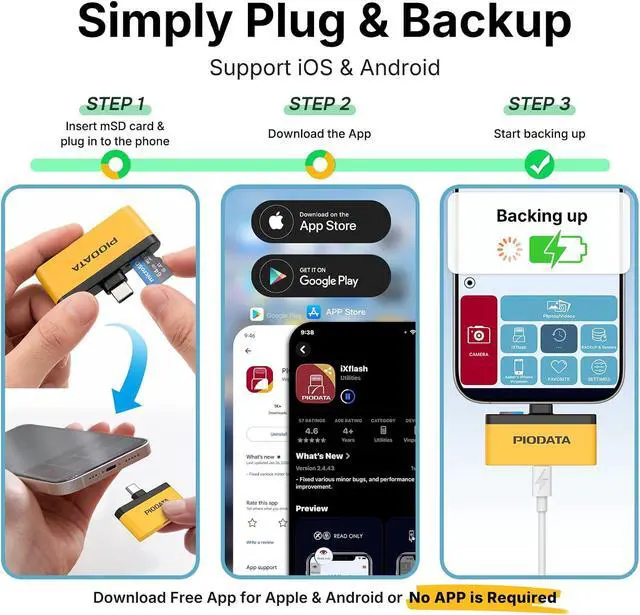 Alt view image 4 of 7 - Micro SD Card Reader for iPhone 17/16/15 iPad Android Mac PC Laptop USB C Memory Card Reader Adapter Auto Photo Backup While Charging MFi Photo Stick iXflash Q w/Free App Yellow